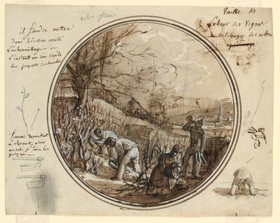 Entwurf für einen bemalten Porzellanteller, Schneiden und Arbeiten im Weinberg, 1819–20 von Jean Charles Develly