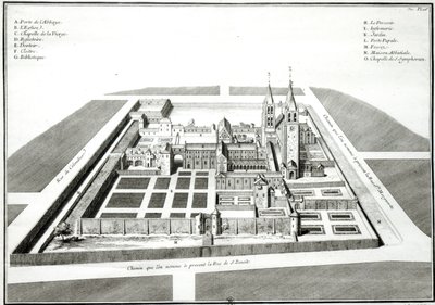 Ansicht der Abtei Saint-Germain-des-Pres vor 1640, graviert von Antoine Herisset (1685-1769) von Jean Chaufourier