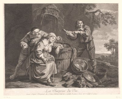 Frau schläft bei einem Fass mit Weinglas in der Hand von Jean Daullé