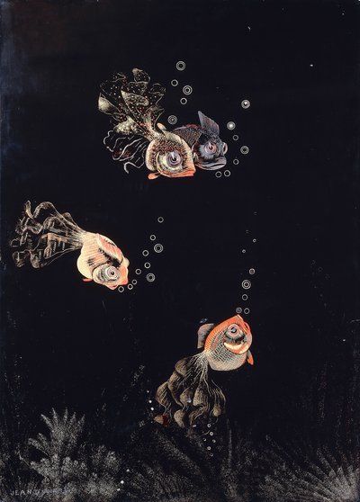 Ein lackiertes Panel von Jean Dunand, das eine Unterwasserszene mit roten und goldenen Fischen zeigt, die Luftblasen blasen von Jean Dunand