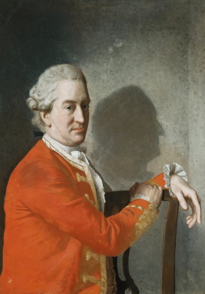 Porträt von James Hamilton, 2. Earl of Clanbrassil, Halbfigur, in einem roten Mantel, sitzend in einem Mahagonistuhl, sein Profil wirft Schatten an die Wand dahinter von Jean Étienne Liotard