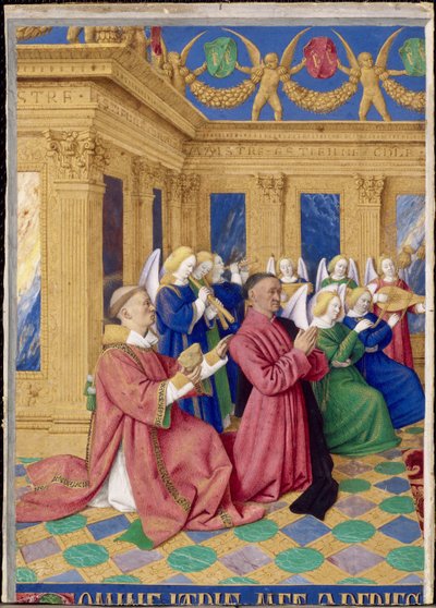 Étienne Chevalier und sein Schutzheiliger Stephanus, Miniatur aus den Stunden des Étienne Chevalier von Jean Fouquet