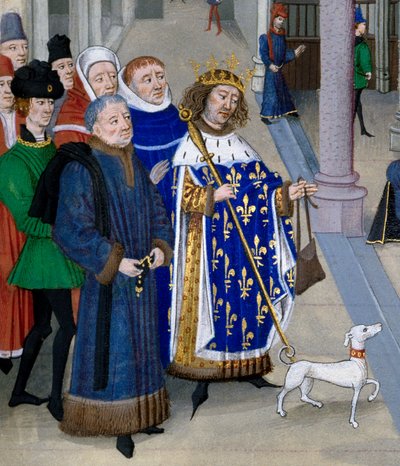 (Detail) Le roi saint Louis (Louis IX) appretant à partir outre mer. Miniatur aus Les Grandes Chronicles von Jean Fouquet, Paris, Bibliotheque de l