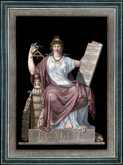 Gleichheit - Gravur von Jean François (Jean-François) Janinet (1752-1814) - Allegorie der Gleichheit, die die Erklärung der Menschenrechte hält. 1793 von Jean Francois Janinet