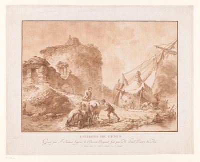 Landschaft mit Ruinen und einem Schiff in der Umgebung von Genua von Jean Francois Janinet