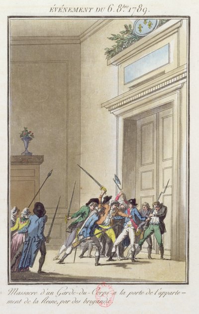 Mob von Parisern greift die Wache am Eingang zu den Gemächern der Königin in Versailles an und tötet sie, 6. Oktober 1789 von Jean Francois Janinet