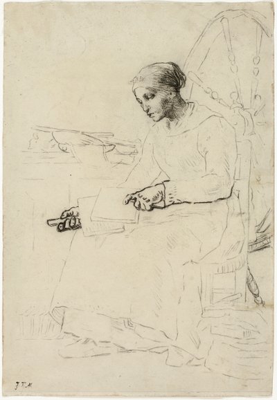 Der Wollkämmer (recto); Fragmentarische Skizze eines Mannes, der an einem Zaun steht (verso) von Jean Francois Millet