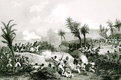 Schwarzer Aufstand in Santo Domingo, 16. September 1802, aus "Histoire Universelle du XIXe siècle", nach Martinet von Jean Francois Pourvoyeur