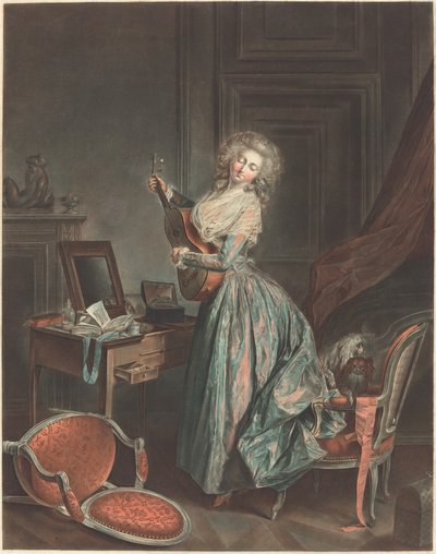 Eine Frau, die Gitarre spielt von Jean François Janinet after Nicolas Lavreince