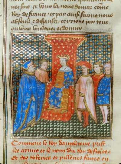 Der englische König Edward III. auf seinem Thron, gekleidet in eine Tunika mit englischen und französischen Emblemen, hört eine Rede von Robert von Artois von Jean Froissart