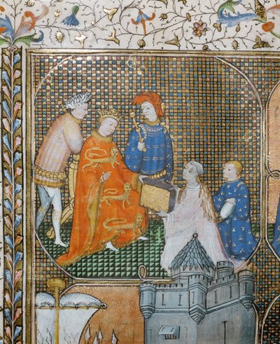 Historiker Froissart auf den Knien, in geistlicher Kleidung, präsentiert seine Chroniken des Hundertjährigen Krieges an Edward III von Jean Froissart