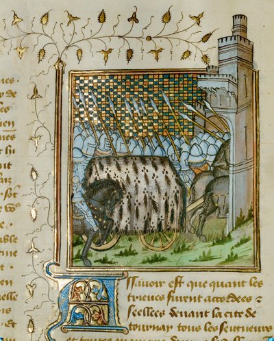 Der Leichnam von Jean III. von Bretagne wird in einem mit Hermelin bedeckten Leichenwagen und von bewaffneten Wachen begleitet in die Stadt Ploërmel gebracht von Jean Froissart