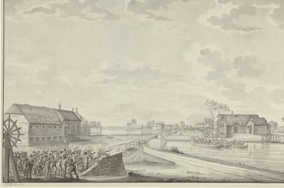 Angriff der Preußen unter Oberst Van Borstel auf die Duivendrechtse Brücke, 1. Oktober 1787 von Jean George Teissier (signed by artist)