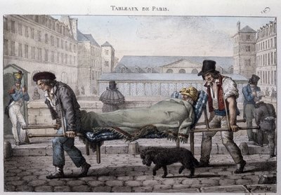 Altes Straßenhandwerk in Paris: Der arme Patient wird von den Trägern ins Krankenhaus gebracht. Gravur von Jean Henry Marlet (1771-1847) in „Die Bilder von Paris“, Serie von 72 Drucken, Ende des 19. Jahrhunderts von Jean Henri Marlet