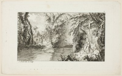 Landschaft mit einem Spaziergänger und einem Wasserfall, Platte 5 aus der zweiten Suite Livre de paysages (Buch der Landschaften) von Jean Hoüel