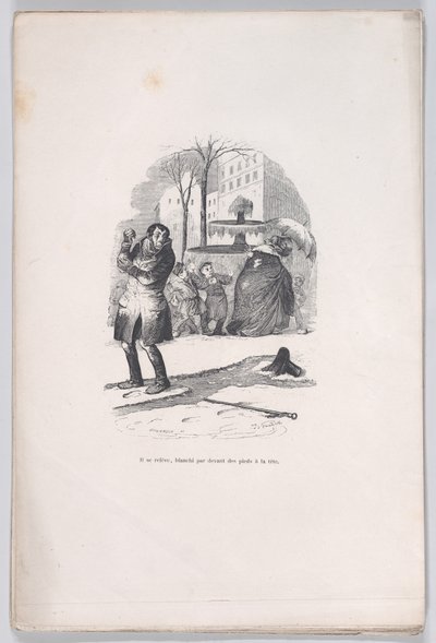 Er steht auf, von Kopf bis Fuß mit Schnee bedeckt. aus den kleinen Elendigkeiten des menschlichen Lebens, 1843 von Jean Ignace Isidore Gérard