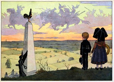 Mein Dorf, die, die nicht vergessen: Das Schlachtfeld (Geisberg-Denkmal mit den zwei Spinner-Kindern, die für Hansi posieren) von Jean Jacques (1873 1951) Waltz