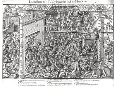 Das Massaker an der protestantischen Bevölkerung durch die Truppen des Herzogs von Guise in Wassy-sur-Blaise, 1. März 1562, graviert von Jacques Tortorel (1568-92) von Jean Jacques Perrissin