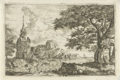 Fischer bei einer Kirche an einer Küste von Jean Joseph Hanson