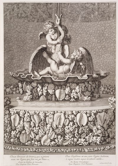 Brunnen mit zwei Amoren und einem Schwan, entworfen von Jean-Baptiste Tuby, in Versailles, 1677 von Jean Lepautre