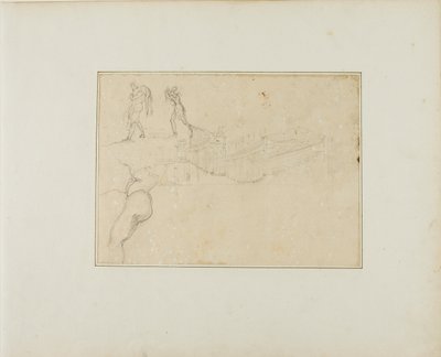 Querschnitt einer Säulenhalle und drei Figurenskizzen von Jean Louis André Théodore Géricault