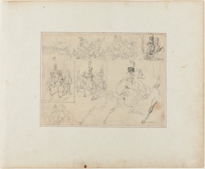 Blatt mit Skizzen: Kavalleriegefechte und berittene Soldaten von Jean Louis André Théodore Géricault