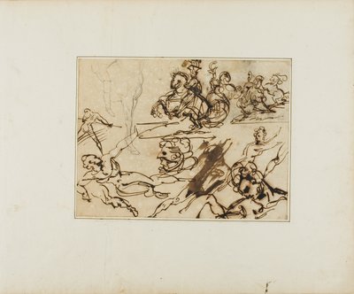 Blatt mit Skizzen: Lanzenreiter, kämpfende Nackte, andere Themen von Jean Louis André Théodore Géricault