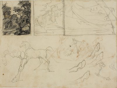 Blatt mit Skizzen: drei Landschaften, Pferde und Hufe von Jean Louis André Théodore Géricault