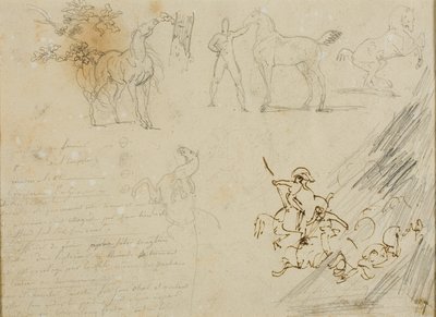 Skizzen von Pferden, Pferdepfleger hält Pferd, eine Kavallerieschlacht von Jean Louis André Théodore Géricault