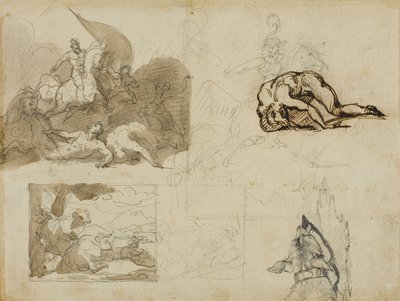 Skizzen einer Kavallerieschlacht, eine Landschaft mit Kühen und andere Kompositionen von Jean Louis André Théodore Géricault