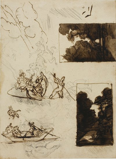 Skizzen eines Waldpfades und einer musikalischen Bootsparty von Jean Louis André Théodore Géricault