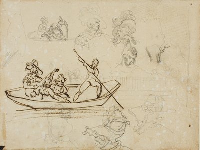 Skizzen einer musikalischen Bootsfahrt und einer Frau mit hohem Hut von Jean Louis André Théodore Géricault