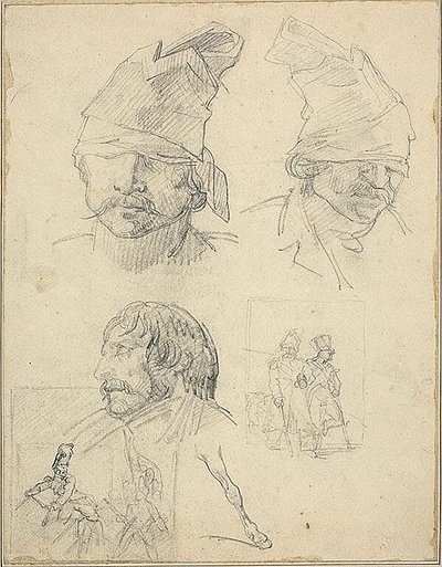 Studien von Köpfen und zwei Kompositionsstudien von Jean Louis André Théodore Géricault