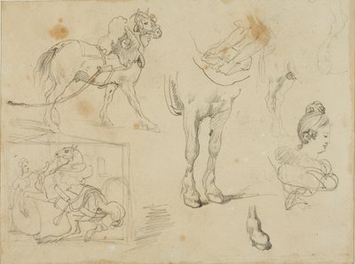 Studien eines Zugpferdes, eines Schmieds und einer jungen Frau von Jean Louis André Théodore Géricault