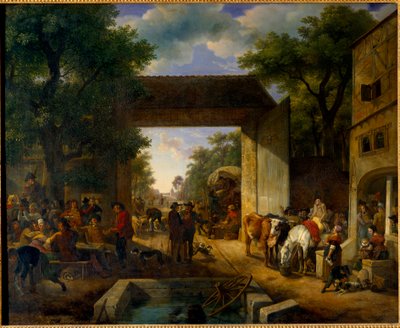 Ein Jahrmarkt vor der Tür einer Gaststätte von Jean Louis Demarne