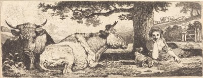 Zwei Kühe und eine liegende Frau von Jean Louis Demarne
