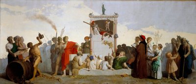 Dante Alighieri, Diogenes der Zyniker, Sokrates und Homer sind im Publikum. Gemälde von Jean Louis Hamon (1821-1874) von Jean Louis Hamon
