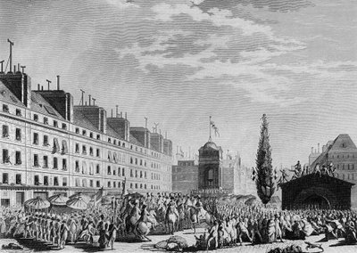 Französische Revolution: Proklamation der Verfassung (Konstitutionelle Monarchie: Gewaltenteilung und Einrichtung der konstitutionellen Monarchie) Place du Marché des Innocents in Paris am 14. September von Jean Louis II (after) Prieur