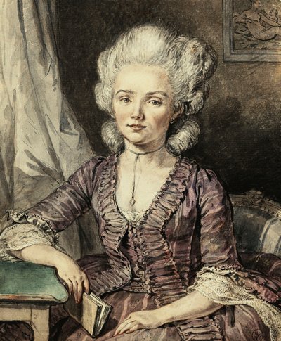 Eine junge Dame, sitzend an einem Tisch mit einem Buch von Jean Michel the Younger Moreau