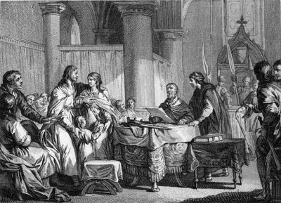 Abdankung von Karlmann (ca. 715-754), Bürgermeister des Palastes von Austrasien, zugunsten seines Bruders, Pippin III., genannt Pippin der Kurze (714-768), 747. Gravur von Jean Michel Moreau, genannt Moreau le Jeune (1741-1814) von Jean Michel the Younger Moreau
