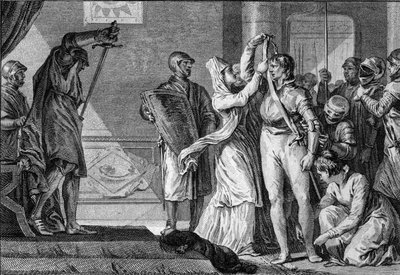 Zeremonie der Weichmachung unter den Kapetingern: Frauen legen einem jungen Mann einen Gürtel und goldene Sporen an, während die Knappen ihn mit seiner Rüstung bedecken. 10.-11. Jahrhundert. Gravur von Jean Michel Moreau, genannt Moreau le Jeune von Jean Michel the Younger Moreau
