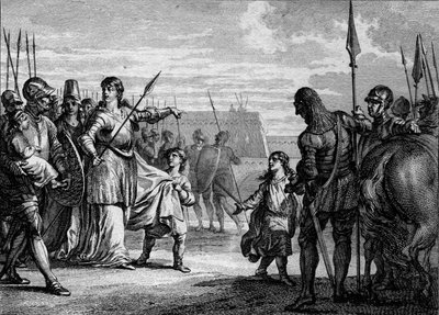 Karl Martell ins Gefängnis geschickt, 714: Plectrude (ca. 650-717), Witwe von Pippin von Herstal, schickte den jungen Karl Martell (688-741) ins Gefängnis, um ihn von der Macht zu entfernen. Gravur von Jean Michel Moreau, genannt Moreau le Jeune (1741-1814 von Jean Michel the Younger Moreau