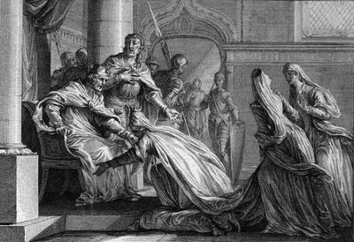 Emma von Frankreich (894-934), Schwester von Hugo dem Großen, verneigt sich zu ihren Füßen. Verheiratet mit Raoul von Burgund, entschied sie sich auf Wunsch ihres Bruders, die Krone Frankreichs ihrem Ehemann zu geben von Jean Michel the Younger Moreau