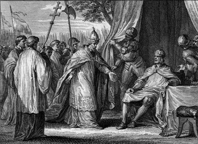 Interview zwischen Papst Gregor IV. (gestorben 844) und Ludwig I. dem Frommen (778-840) im Jahr 833, um den Streit zwischen dem König und seinen Söhnen Lothar, Pippin und Ludwig zu schlichten. Gravur von Jean Michel Moreau, genannt Moreau le Jeune (1741-18 von Jean Michel the Younger Moreau