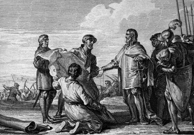 Projekt eines Kanals zwischen Rhein und Donau, 793: Karl der Große besucht die Baustelle des Kanals, um die Nordsee mit dem Schwarzen Meer zu verbinden. Gravur von Jean Michel Moreau, genannt Moreau le Jeune von Jean Michel the Younger Moreau