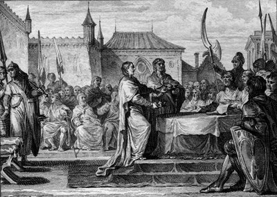 Nachfolge von Pippin dem Kurzen, 768: Eine Versammlung beschloss, das Königreich zwischen seinen beiden Söhnen Karl dem Großen (747-814) und Karlmann (ca. 751-771) zu teilen, wodurch die von Pippin dem Kurzen getroffenen Vereinbarungen aufgehoben wurden. G von Jean Michel the Younger Moreau