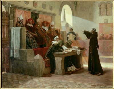 Albigeoisische Inquisition: Der Agitator von Languedoc Bernard Delicieux (1260-1318), Franziskanermönch während seines Prozesses von Jean Paul Laurens