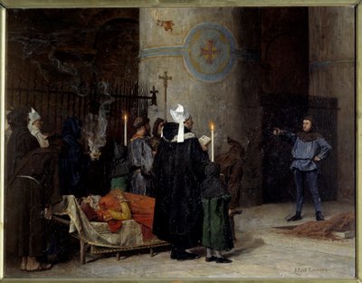 Begräbnis von Wilhelm dem Eroberer (1027-1087), König von England von 1066 bis 1087 (1087), in der Abtei aux Hommes (Abbaye-aux-Hommes) von Caen. Ein Mann namens Asselin unterbricht die Zeremonie. von Jean Paul Laurens