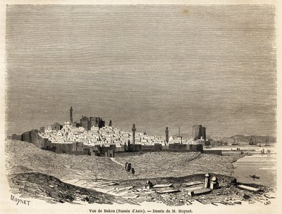 Ansicht von Baku (Russland, Aserbaidschan), Zeichnung von Mr. Moynet, zur Illustration der Reise an die Küste des Kaspischen Meeres im Oktober 1858 von Mr. Moynet. Gravur in „Le tour du monde, nouveau journal des voyages“ Paris von Jean Pierre Moynet