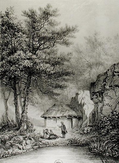 Jean-Jacques Rousseaus Hütte in Ermenonville, 1842 von Jean Pierre after Thenot